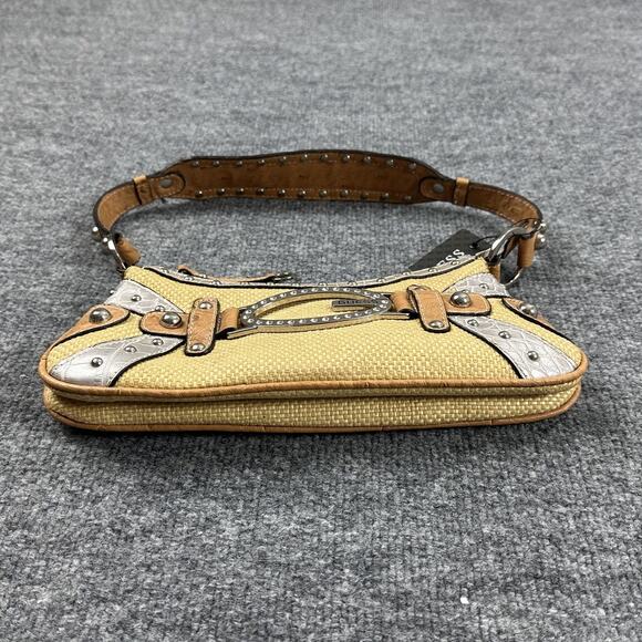 Vintage Guess Raffia Shoulder Bag Yellow Baguette Rhinestone Y2K 90s 2000s - Picture 11 of 14